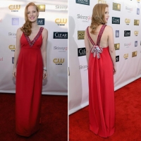 Jessica Chastain Wearing Prada Red Dress in Critics Choice Awards 2013