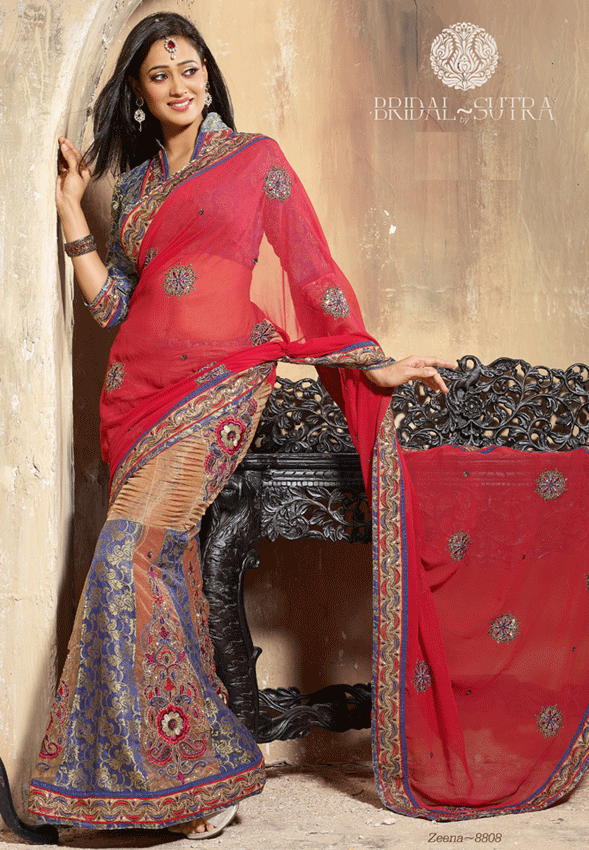 Red And Beige Color USA Lehenga Style Sarees