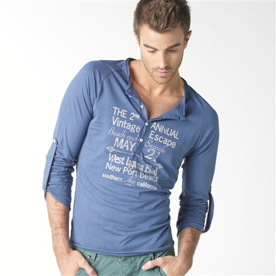 Long Sleeved Grandad Style Cotton T Shirt with Raw Edging