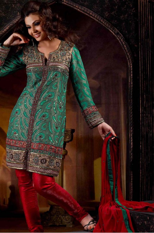 swaroop red and teal green cotton unstitched salwar kameez