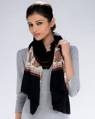 Black Shawl with Embroidered White Ends