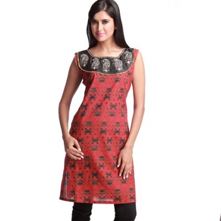 Smashing red block print kurta with pitta work long kurtis indian saree designs