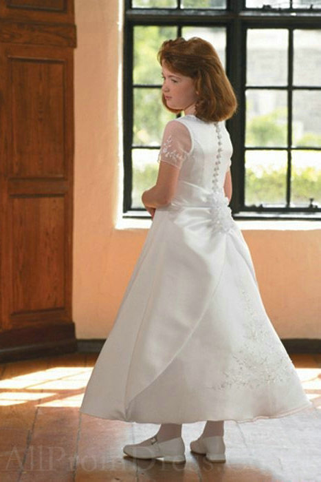 Satin A Line Tea Length UK Cheap Kids Flower Girl Dress on Sale@1
