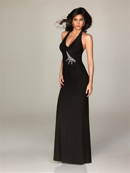 Allure 2011 halter full length jeweled V neck black evening dress
