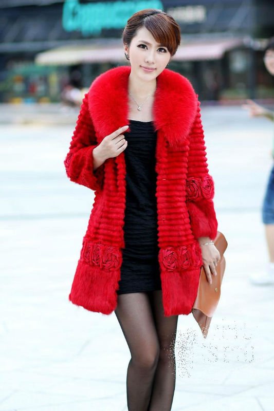 Hot sell styles Women s 2012 New Style Rabbit Fur Coat with Fox Collar Jacket Red