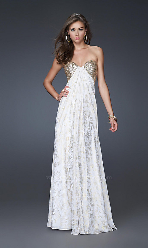 Strapless White Gold Prom Dress by La Femme