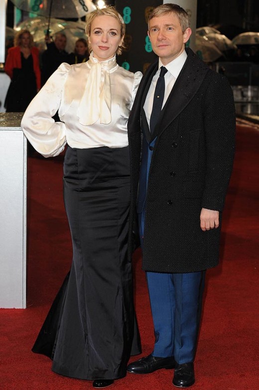 Martin Freeman wears a blue suit with wife Amanda Abbington