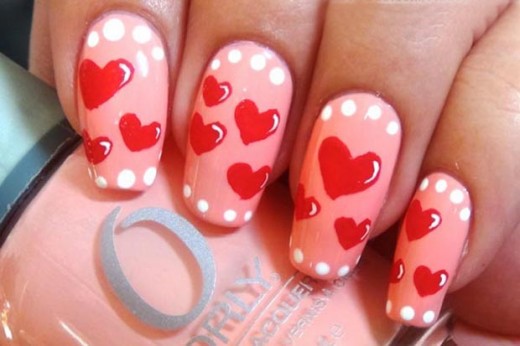 valentines day pink nails white dots red hearts