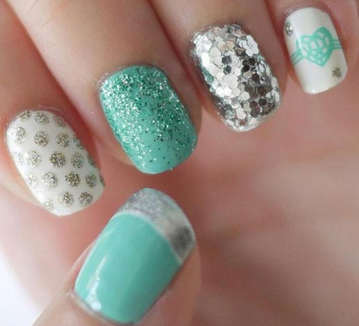 valentines day teal white nails silver dots glitter